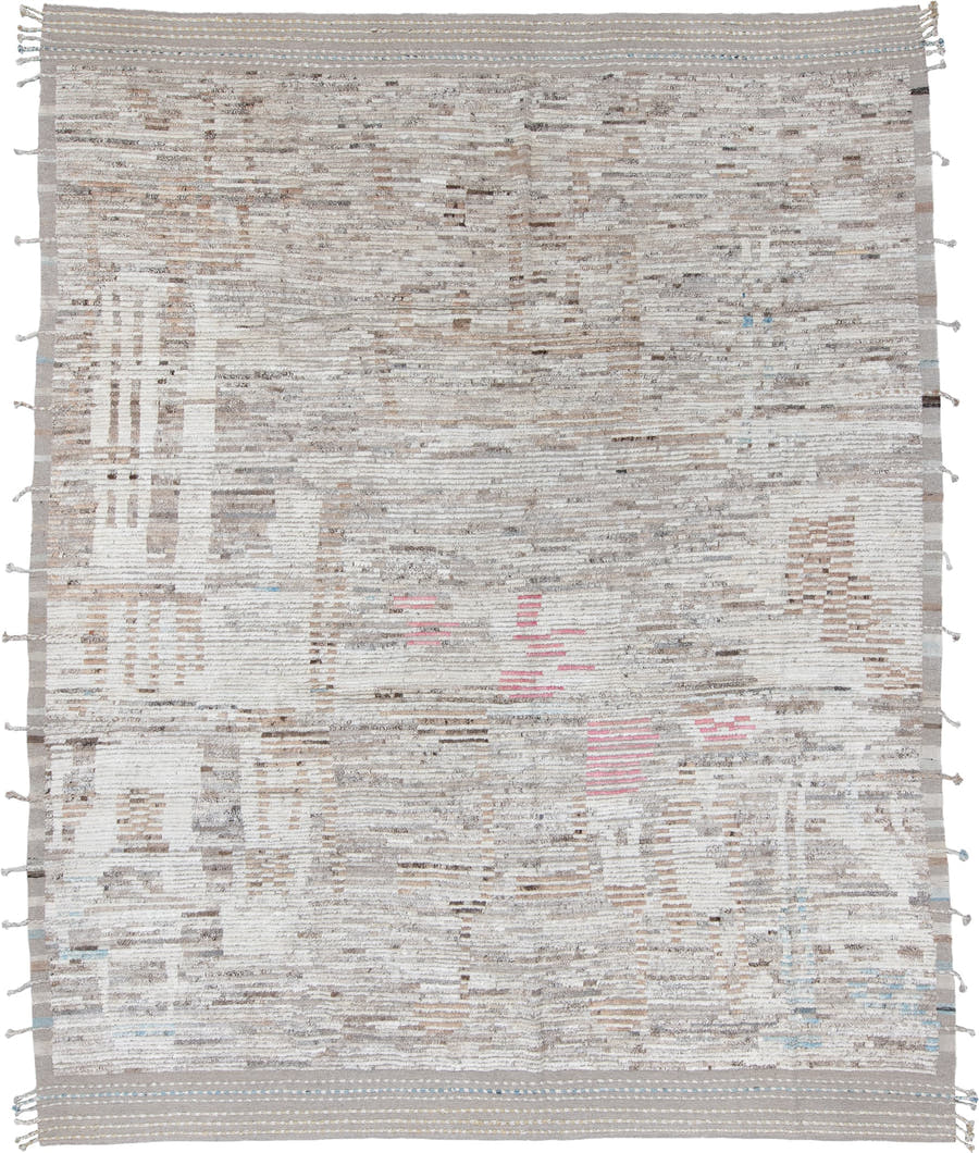 11' x 14' one-of-a-kind handmade vintage Tulu oversize rug. Color palette: ivory, taupe, gray, cream, camel, blush