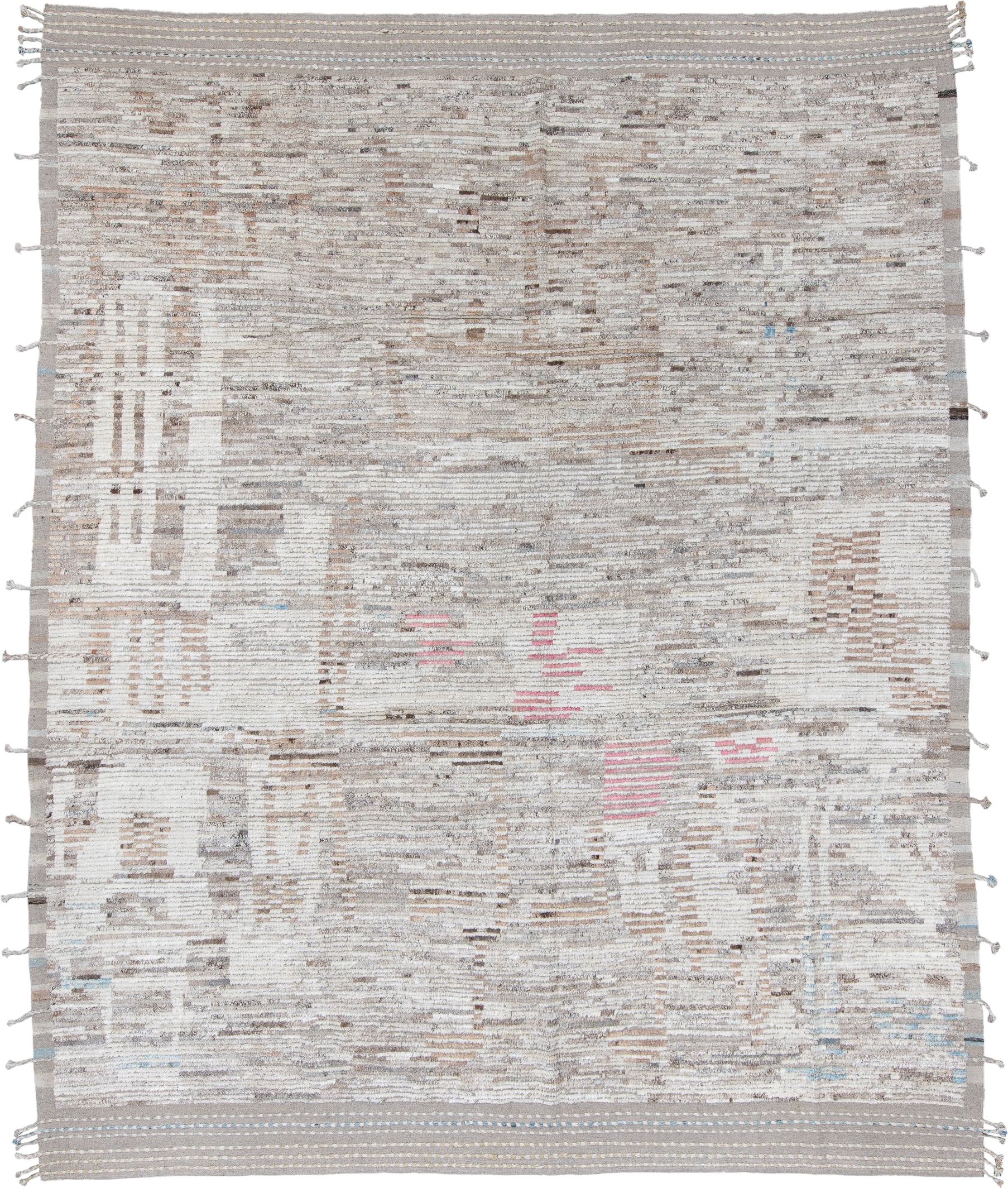 11' x 14' one-of-a-kind handmade vintage Tulu oversize rug. Color palette: ivory, taupe, gray, cream, camel, blush