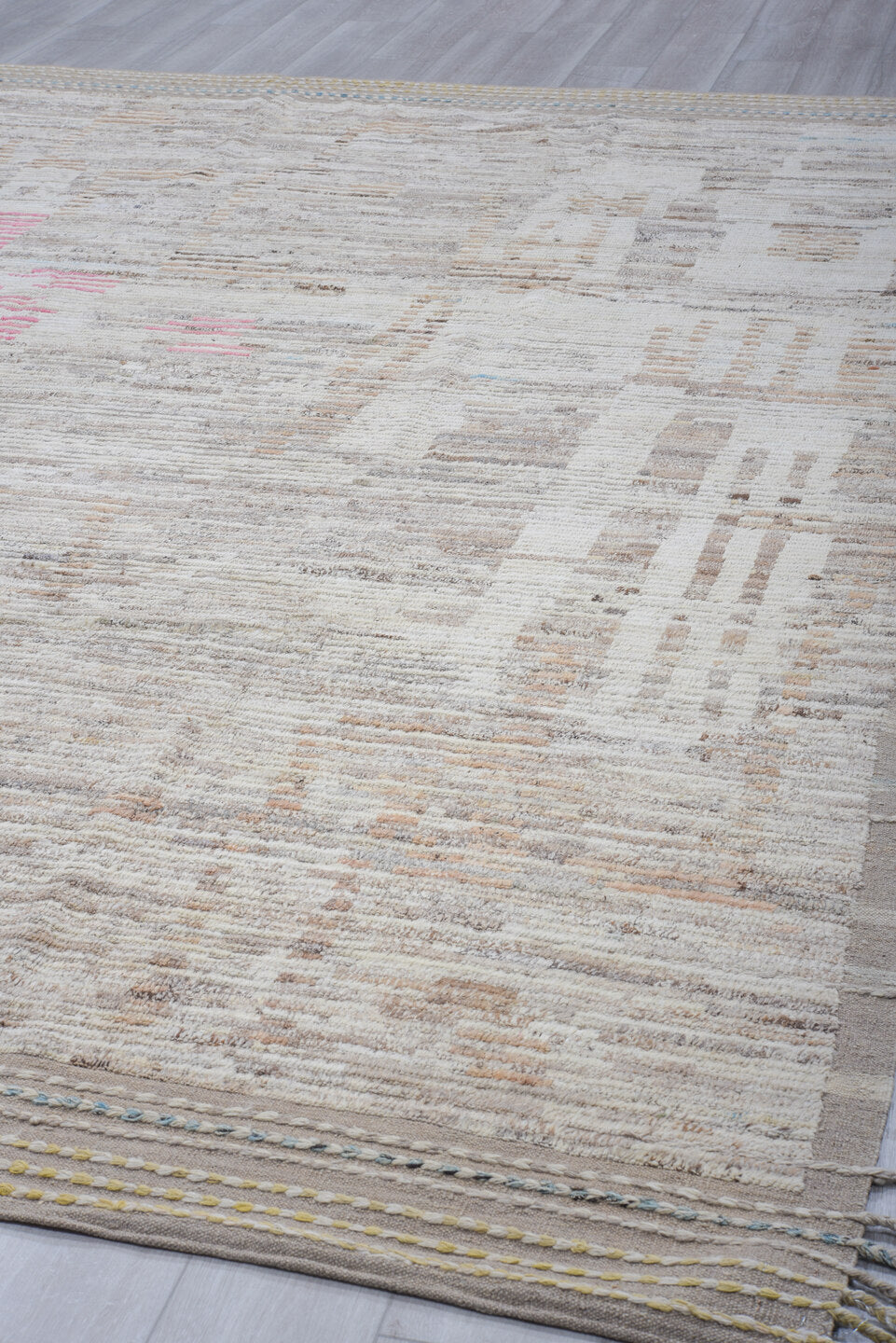 11' x 14' one-of-a-kind handmade vintage Tulu oversize rug. Color palette: ivory, taupe, gray, cream, camel, blush