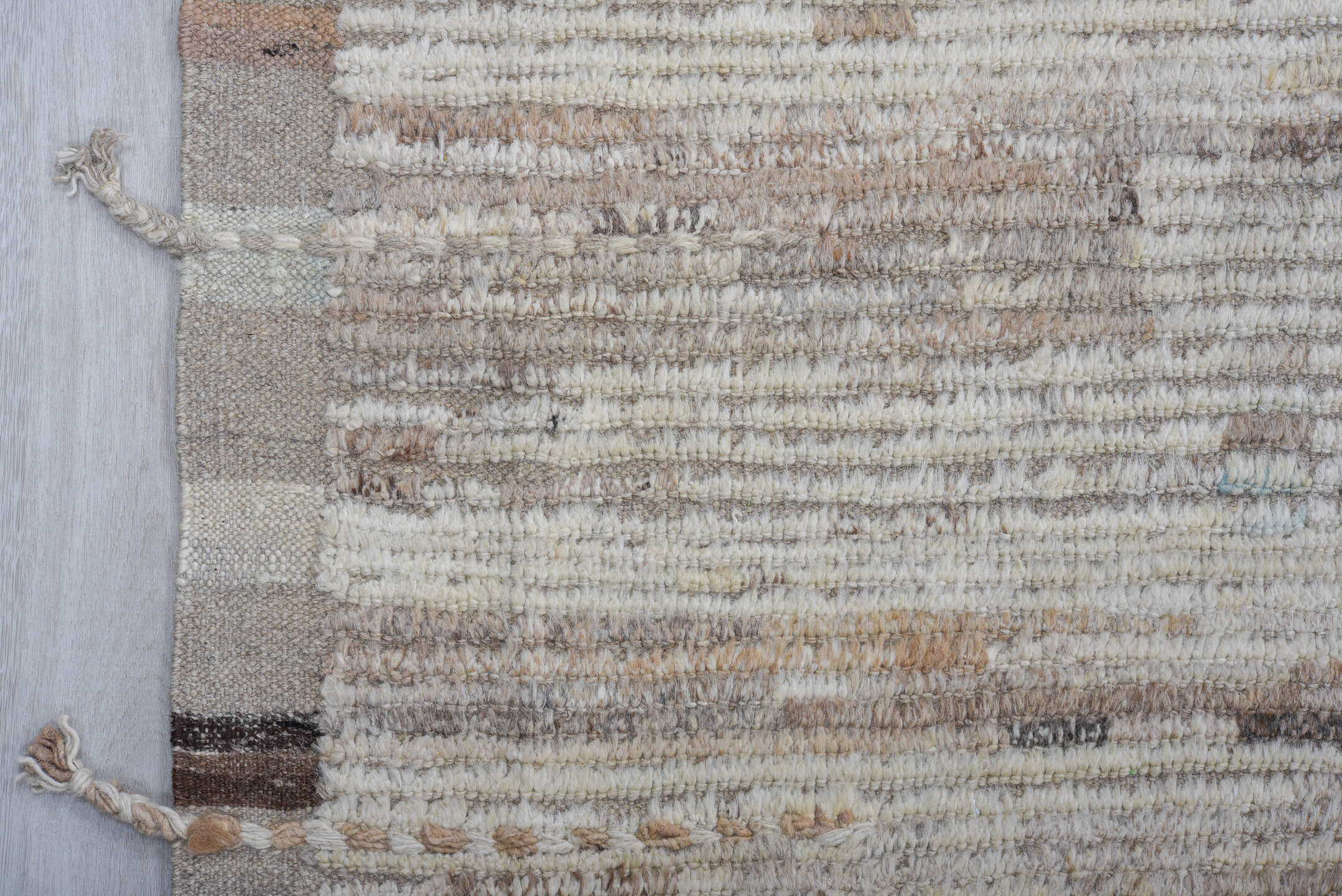 11' x 14' one-of-a-kind handmade vintage Tulu oversize rug. Color palette: ivory, taupe, gray, cream, camel, blush