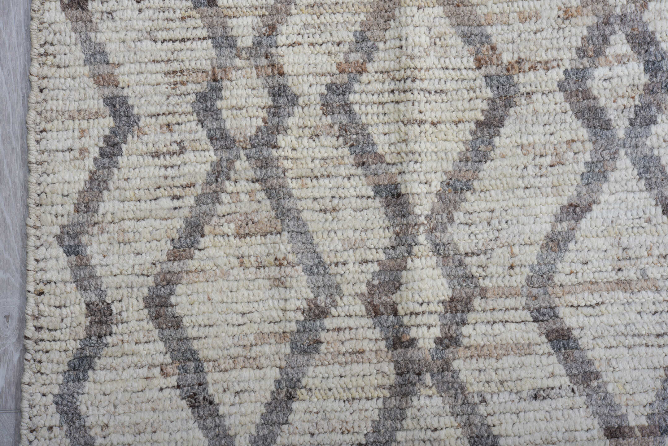 10' x 13' one-of-a-kind handmade vintage Tulu large size rug. Color palette: ivory, gray, taupe, charcoal, beige, black