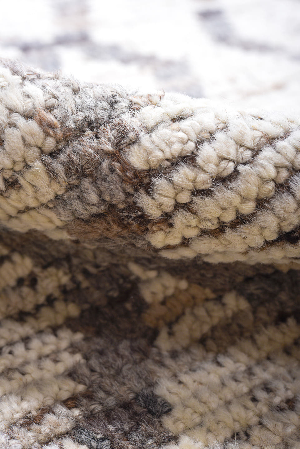 10' x 13' one-of-a-kind handmade vintage Tulu large size rug. Color palette: ivory, gray, taupe, charcoal, beige, black