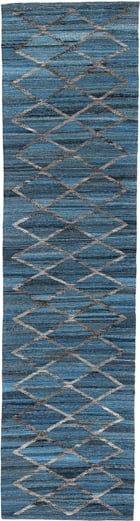 3' x 13' one-of-a-kind handmade vintage Kilim runner rug. Color palette: blue, ivory, charcoal, slate, gray, black