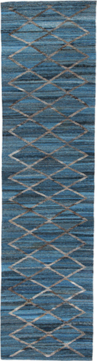 3' x 13' one-of-a-kind handmade vintage Kilim runner rug. Color palette: blue, ivory, charcoal, slate, gray, black