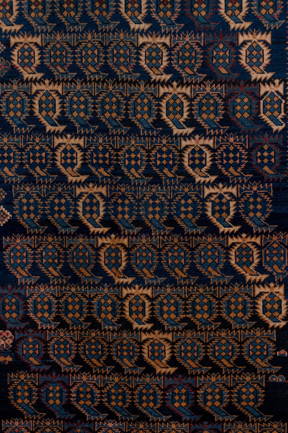 3' x 9' one-of-a-kind handmade vintage Kilim runner rug. Color palette: navy, rust, terracotta, ivory, indigo, camel