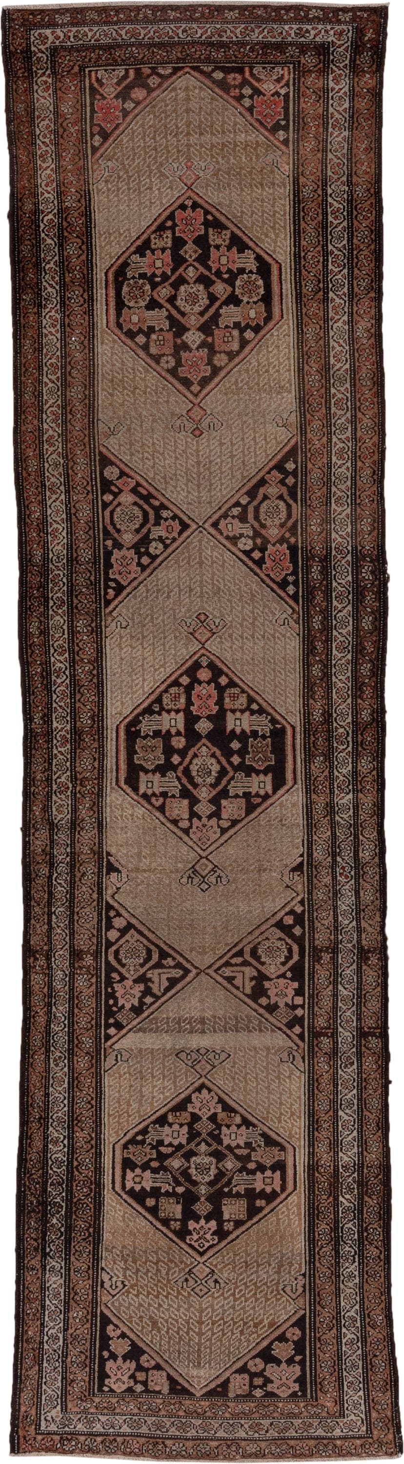 3' x 10' one-of-a-kind handmade vintage Kilim runner rug. Color palette: camel, brown, ivory, rust, taupe, charcoal, beige