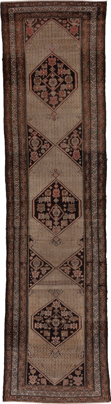 3' x 10' one-of-a-kind handmade vintage Kilim runner rug. Color palette: camel, brown, ivory, rust, taupe, charcoal, beige