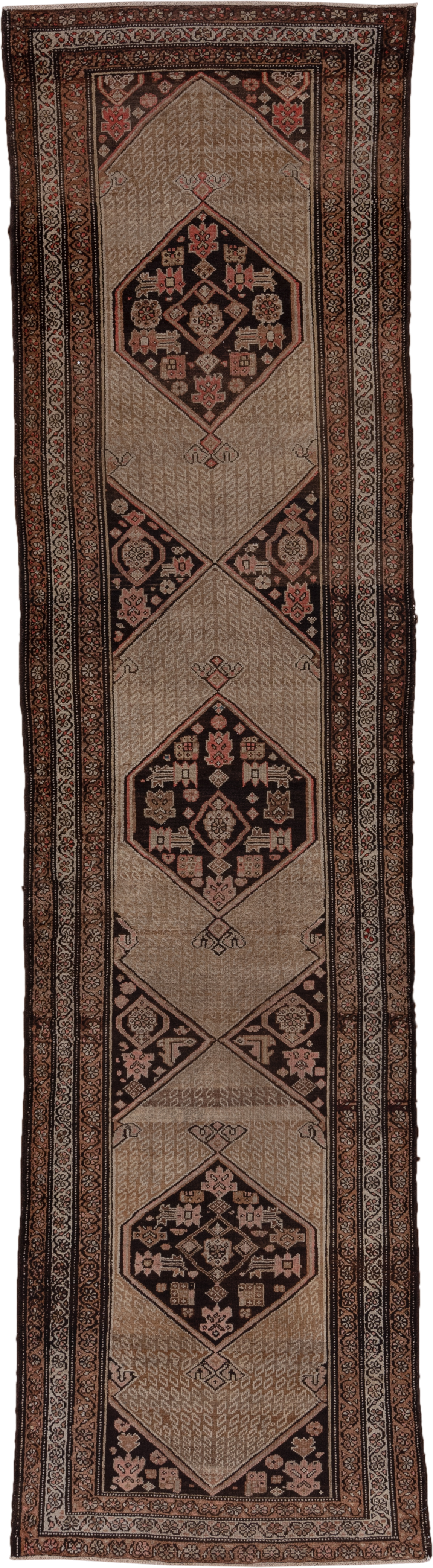 3' x 10' one-of-a-kind handmade vintage Kilim runner rug. Color palette: camel, brown, ivory, rust, taupe, charcoal, beige