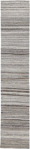 2' x 13' one-of-a-kind handmade vintage Kilim runner rug. Color palette: ivory, taupe, charcoal, slate, gray, beige, black