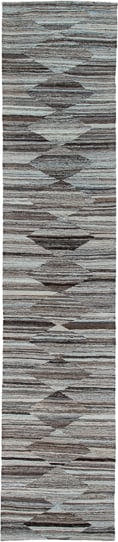 2' x 12' one-of-a-kind handmade vintage Kilim runner rug. Color palette: gray, taupe, charcoal, ivory, greige, beige, black