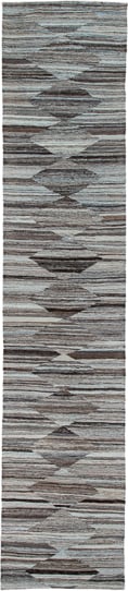 2' x 12' one-of-a-kind handmade vintage Kilim runner rug. Color palette: gray, taupe, charcoal, ivory, greige, beige, black