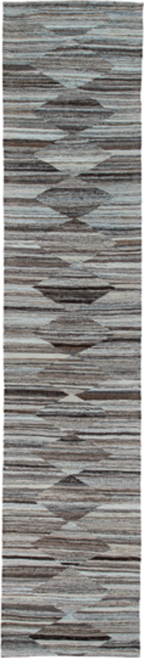 2' x 12' one-of-a-kind handmade vintage Kilim runner rug. Color palette: gray, taupe, charcoal, ivory, greige, beige, black