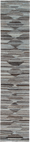 2' x 12' one-of-a-kind handmade vintage Kilim runner rug. Color palette: gray, taupe, charcoal, ivory, greige, beige, black