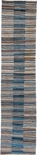 3' x 13' one-of-a-kind handmade vintage Kilim runner rug. Color palette: taupe, blue, slate, ivory, charcoal, brown, beige
