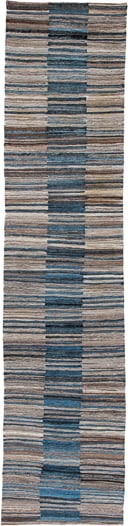 3' x 13' one-of-a-kind handmade vintage Kilim runner rug. Color palette: taupe, blue, slate, ivory, charcoal, brown, beige