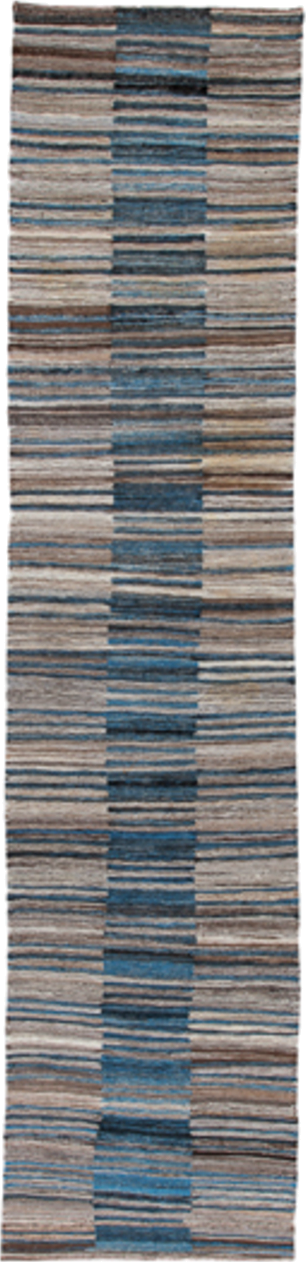 3' x 13' one-of-a-kind handmade vintage Kilim runner rug. Color palette: taupe, blue, slate, ivory, charcoal, brown, beige