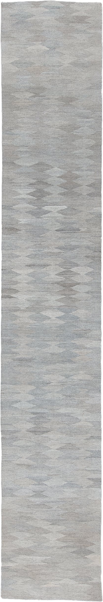 2' x 16' one-of-a-kind handmade vintage Kilim runner rug. Color palette: ivory, light gray, taupe, greige, beige, gray