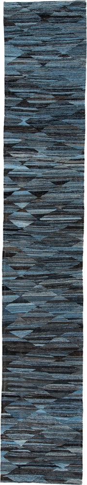 2' x 16' one-of-a-kind handmade vintage Kilim runner rug. Color palette: blue, charcoal, slate, black, gray