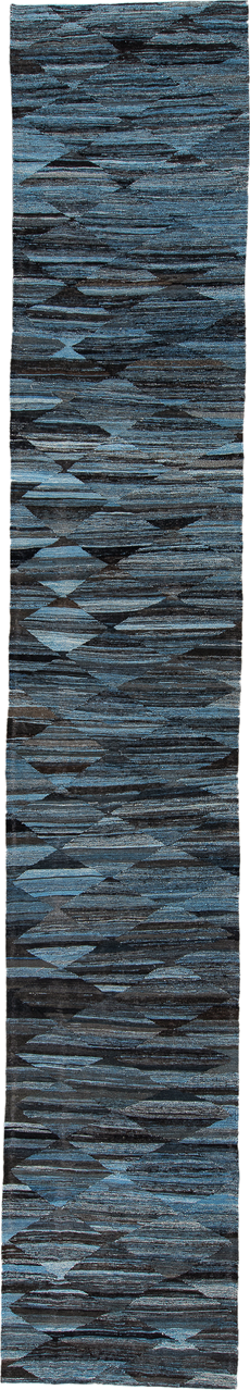 2' x 16' one-of-a-kind handmade vintage Kilim runner rug. Color palette: blue, charcoal, slate, black, gray