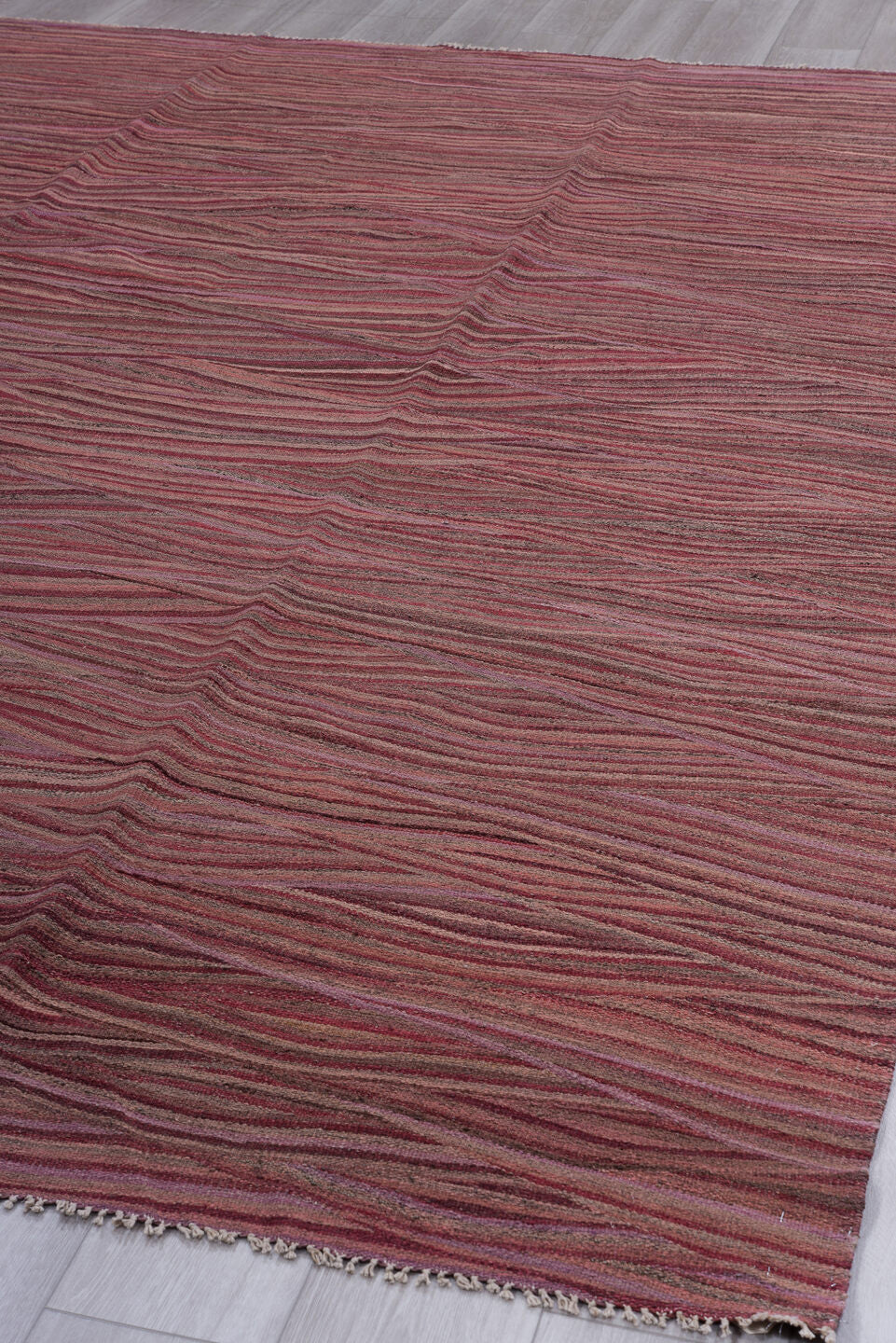 8' x 11' one-of-a-kind handmade vintage Kilim large size rug. Color palette: brown, gray, pink, red