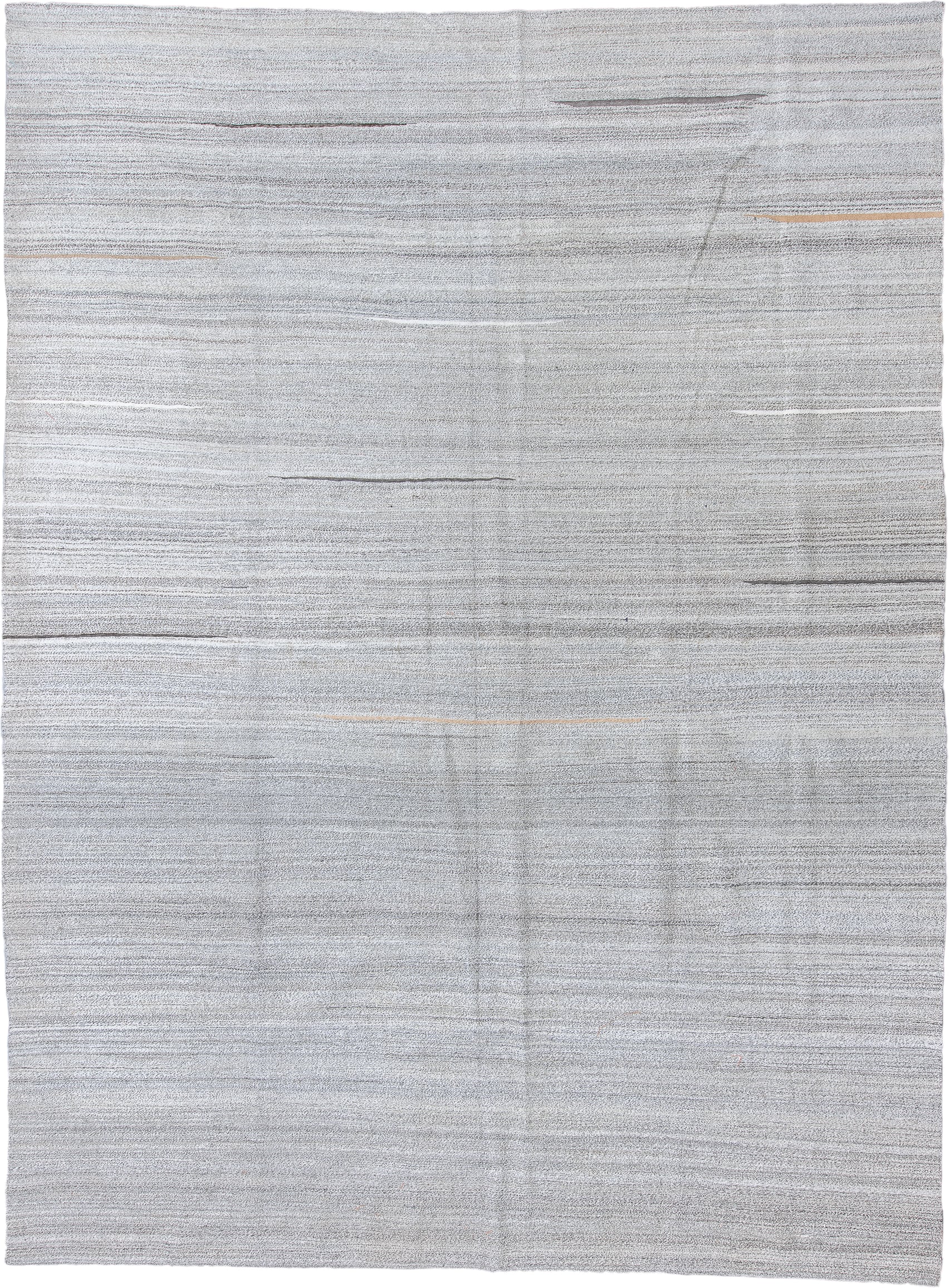 8' x 11' one-of-a-kind handmade vintage Kilim large size rug. Color palette: light gray, ivory, charcoal, beige, taupe, gray
