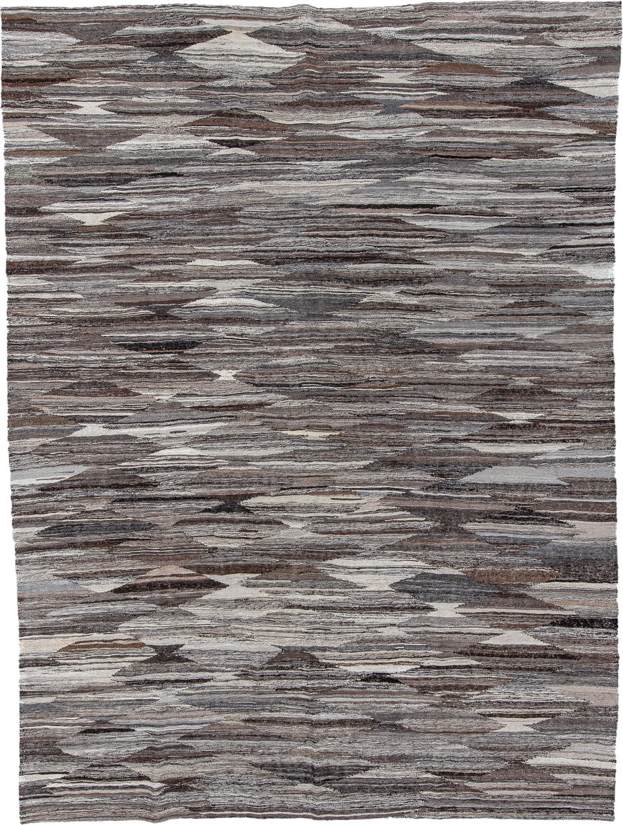 10' x 14' one-of-a-kind handmade vintage Kilim large size rug. Color palette: taupe, brown, ivory, charcoal, gray, camel