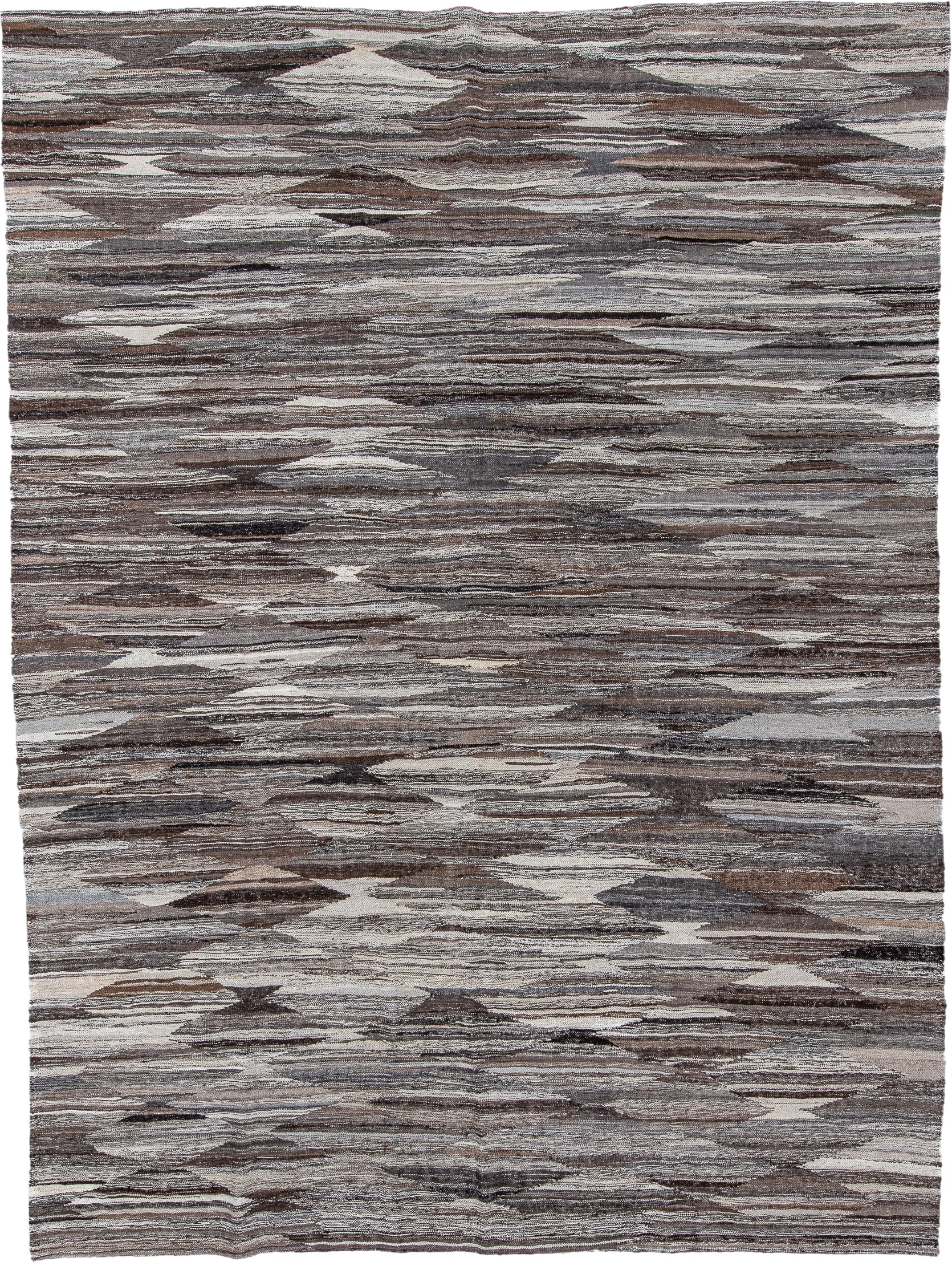 10' x 14' one-of-a-kind handmade vintage Kilim large size rug. Color palette: taupe, brown, ivory, charcoal, gray, camel