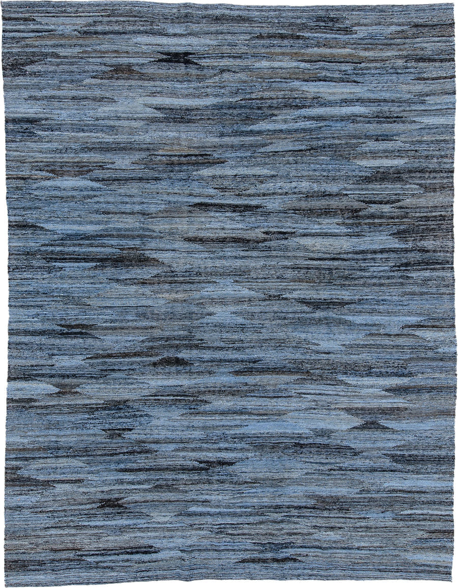 9' x 12' one-of-a-kind handmade vintage Kilim large size rug. Color palette: slate, blue, charcoal, steel blue, gray, black
