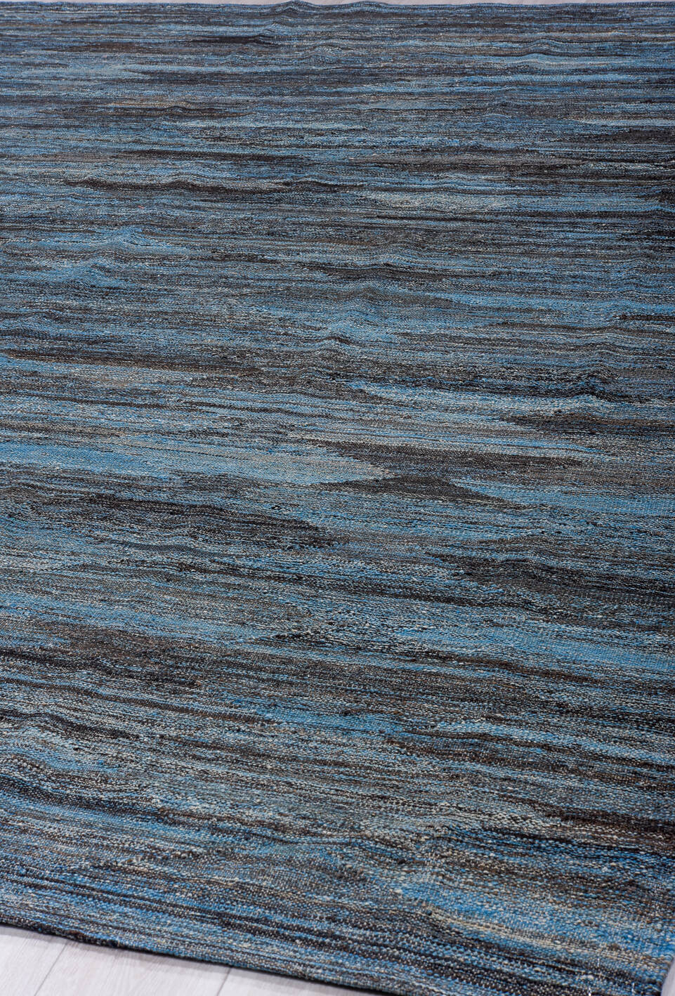 9' x 12' one-of-a-kind handmade vintage Kilim large size rug. Color palette: arapawa, black, blue, dark gray, dim gray