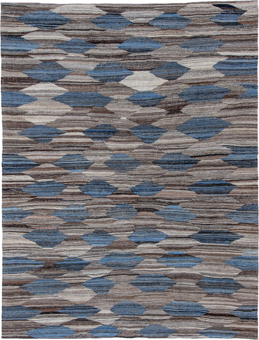 9' x 11' one-of-a-kind handmade vintage Kilim large size rug. Color palette: taupe, brown, denim, ivory, charcoal, slate
