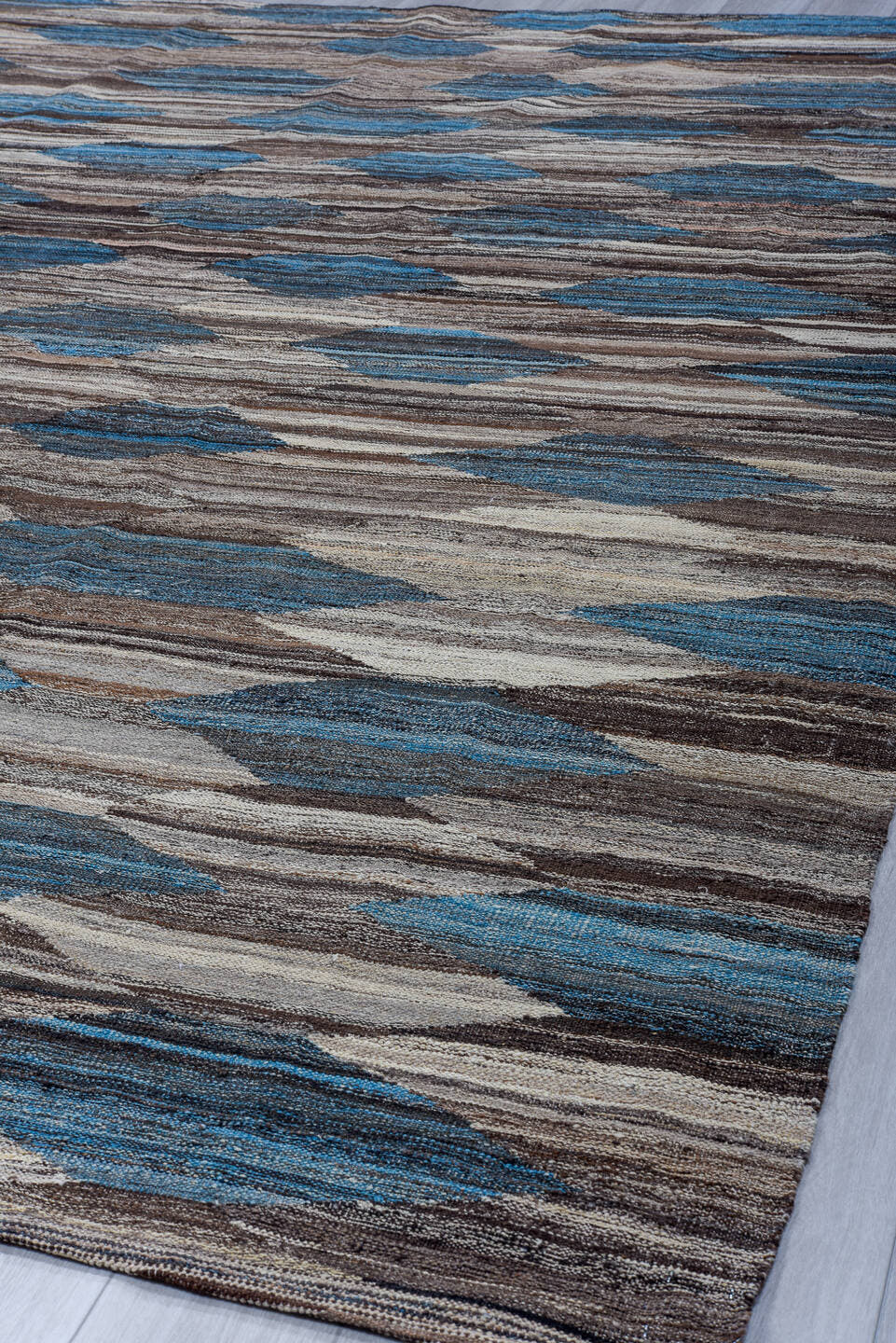 9' x 11' one-of-a-kind handmade vintage Kilim large size rug. Color palette: taupe, brown, denim, ivory, charcoal, slate