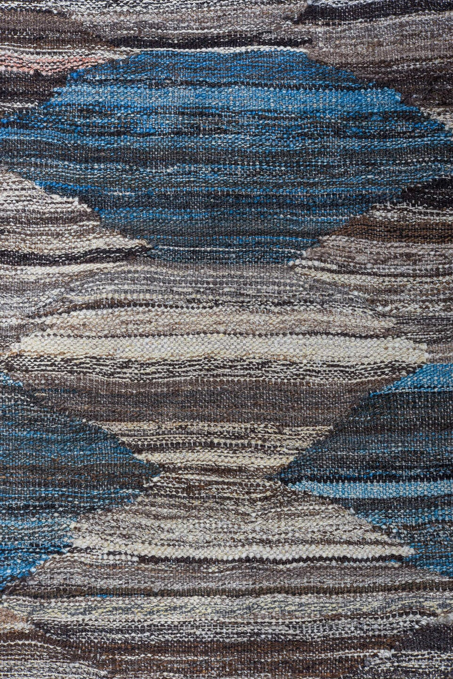 9' x 11' one-of-a-kind handmade vintage Kilim large size rug. Color palette: taupe, brown, denim, ivory, charcoal, slate