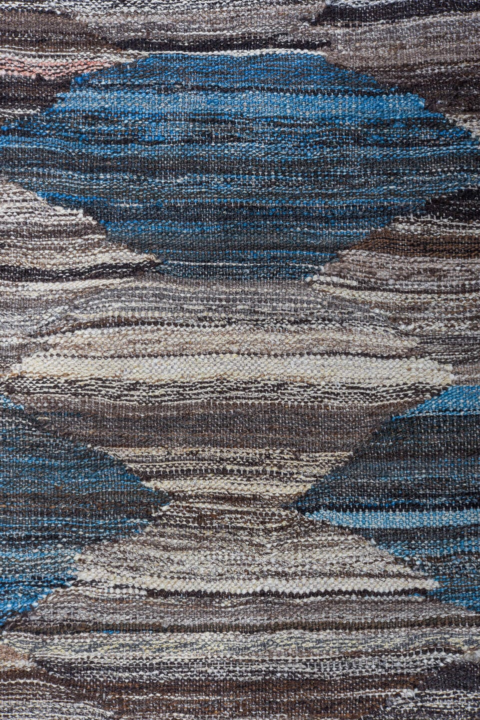 9' x 11' one-of-a-kind handmade vintage Kilim large size rug. Color palette: taupe, brown, denim, ivory, charcoal, slate
