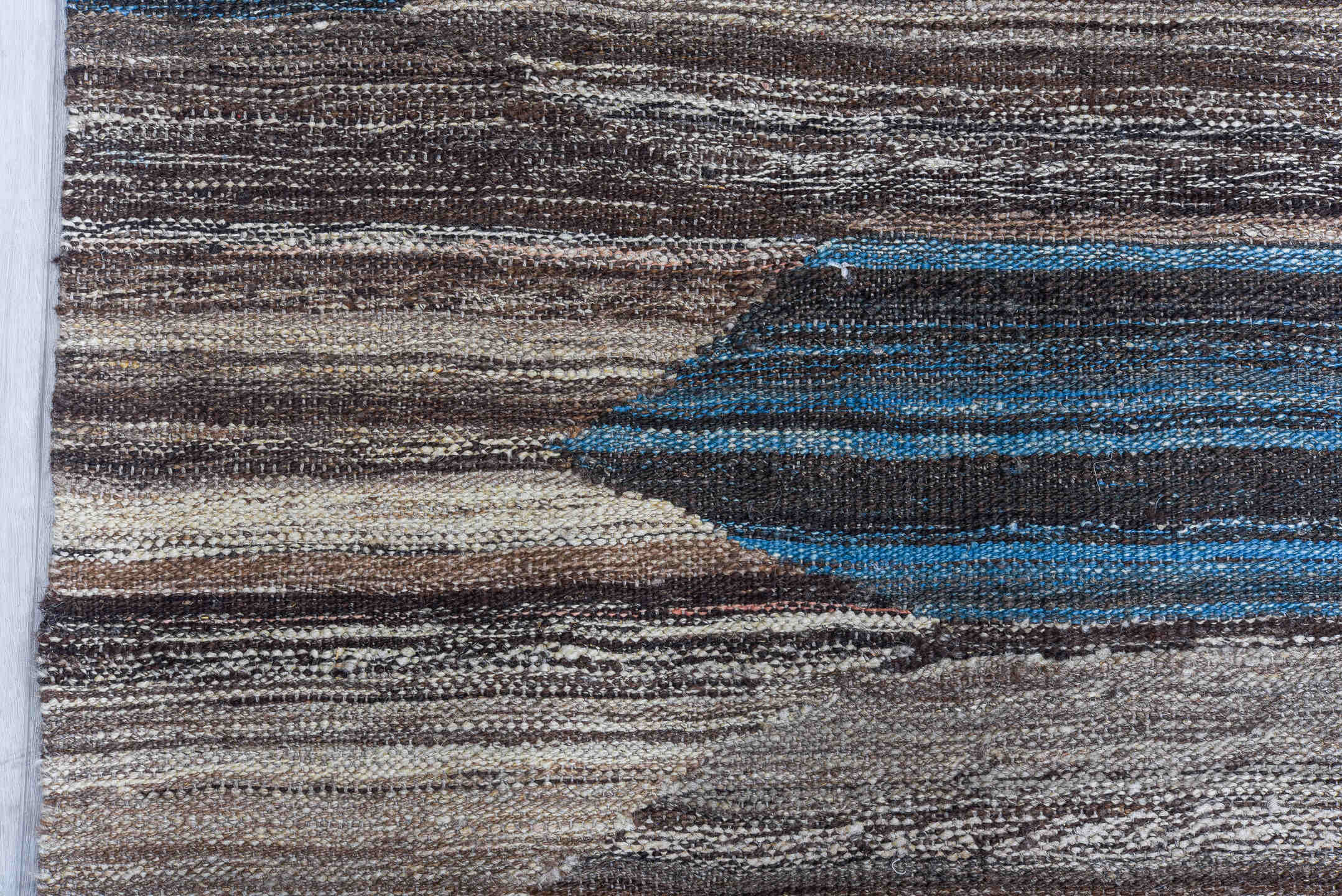 9' x 11' one-of-a-kind handmade vintage Kilim large size rug. Color palette: taupe, brown, denim, ivory, charcoal, slate