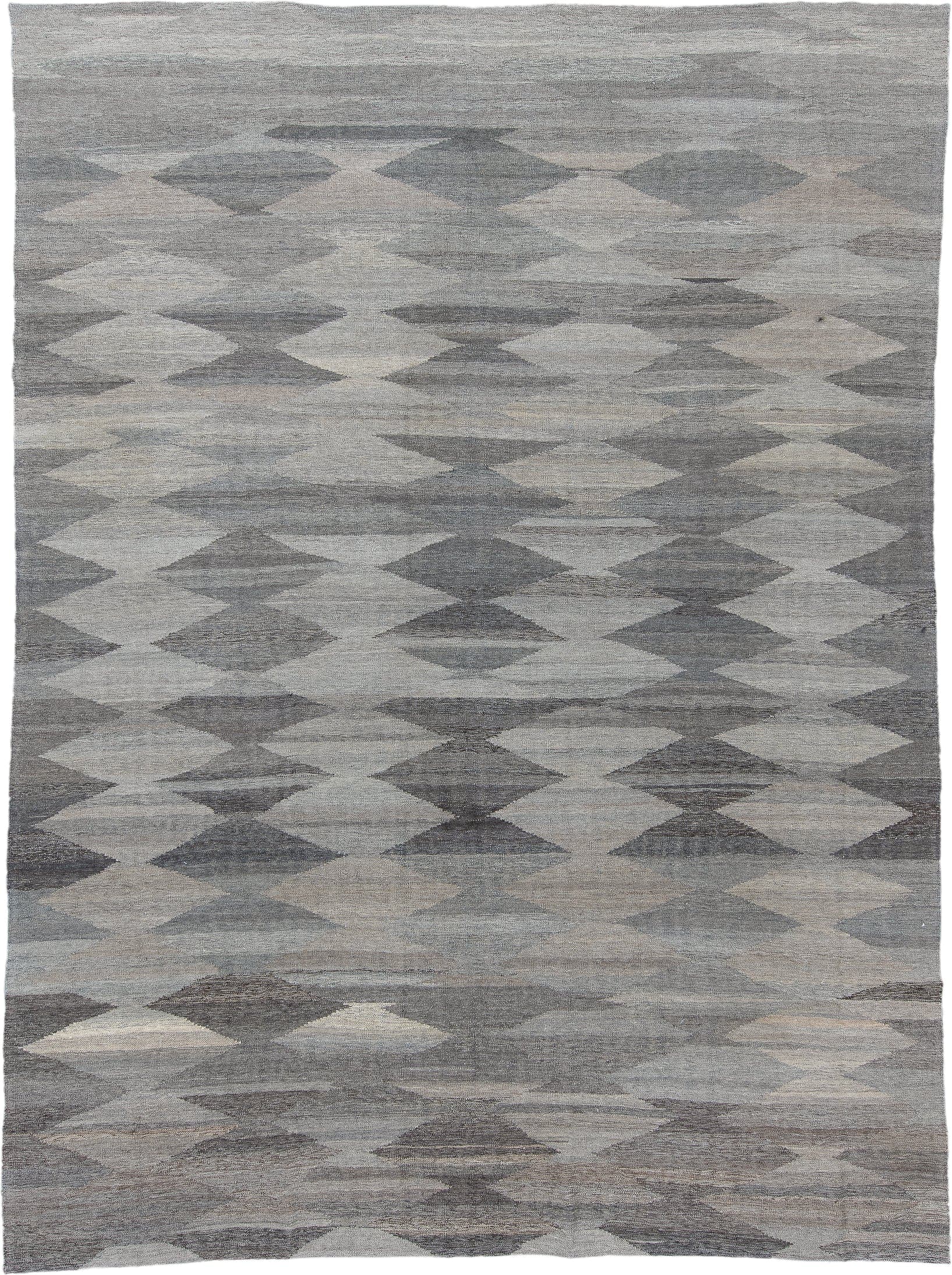 9' x 12' one-of-a-kind handmade vintage Kilim large size rug. Color palette: gray, ivory, taupe, charcoal, greige, beige