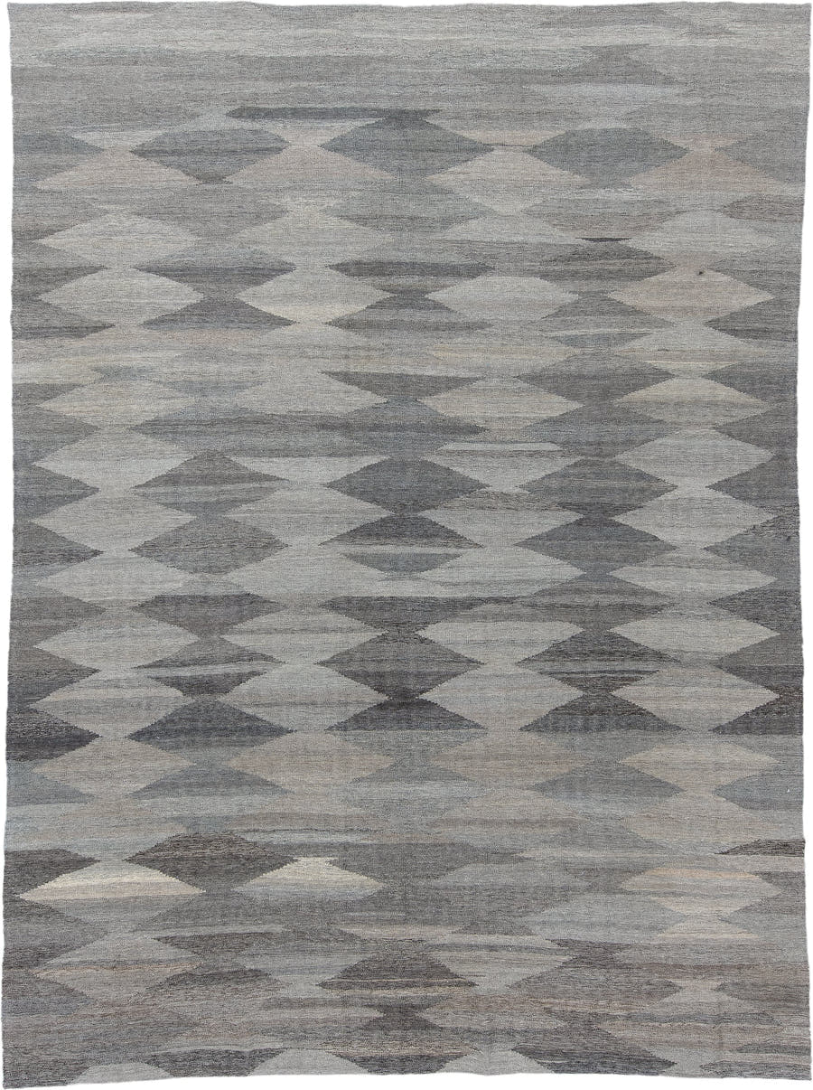 9' x 12' one-of-a-kind handmade vintage Kilim large size rug. Color palette: gray, ivory, taupe, charcoal, greige, beige