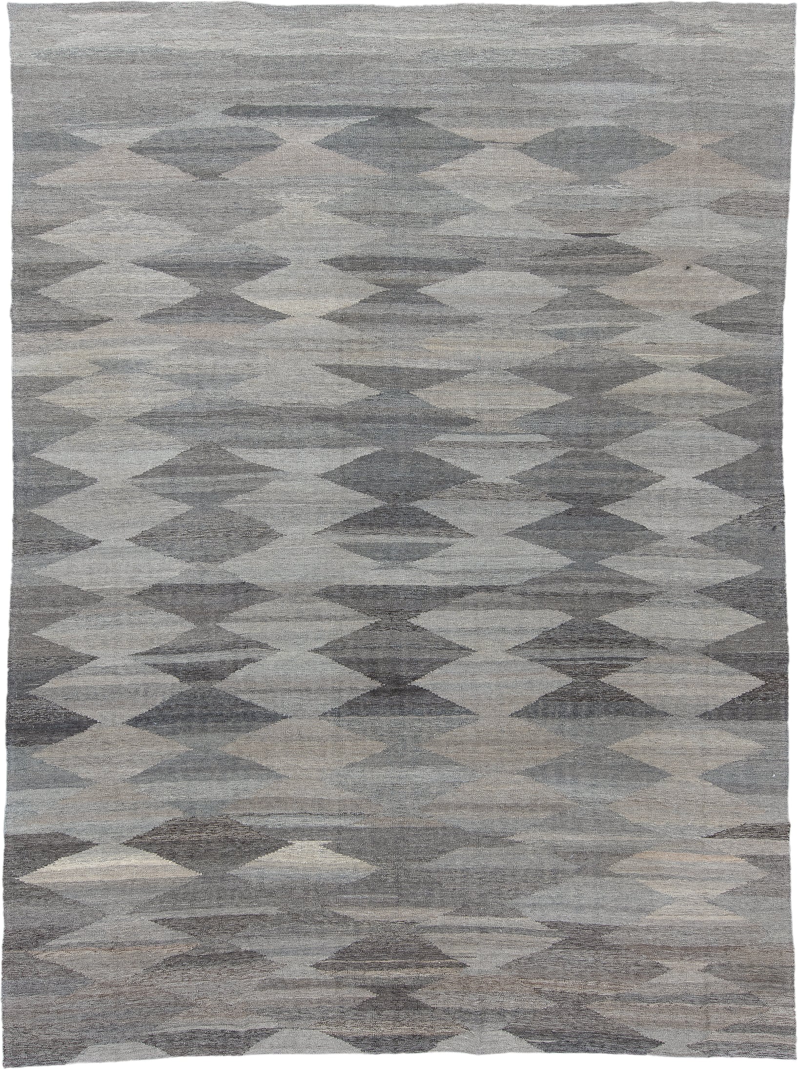 9' x 12' one-of-a-kind handmade vintage Kilim large size rug. Color palette: gray, ivory, taupe, charcoal, greige, beige