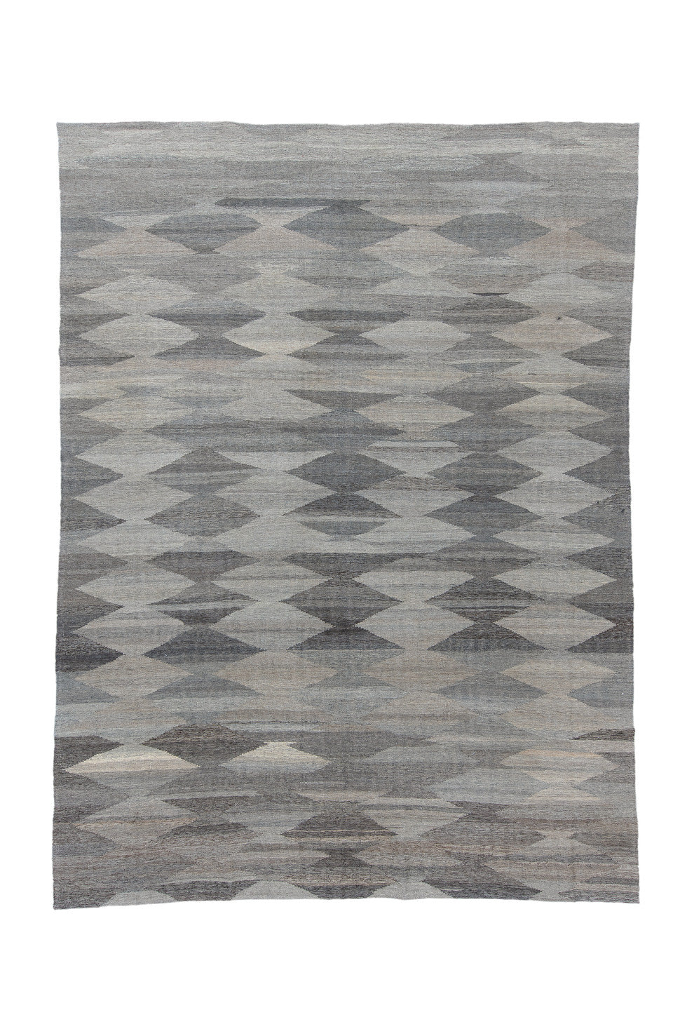 9' x 12' one-of-a-kind handmade vintage Kilim large size rug. Color palette: black, blue, dark gray, dim gray, gray