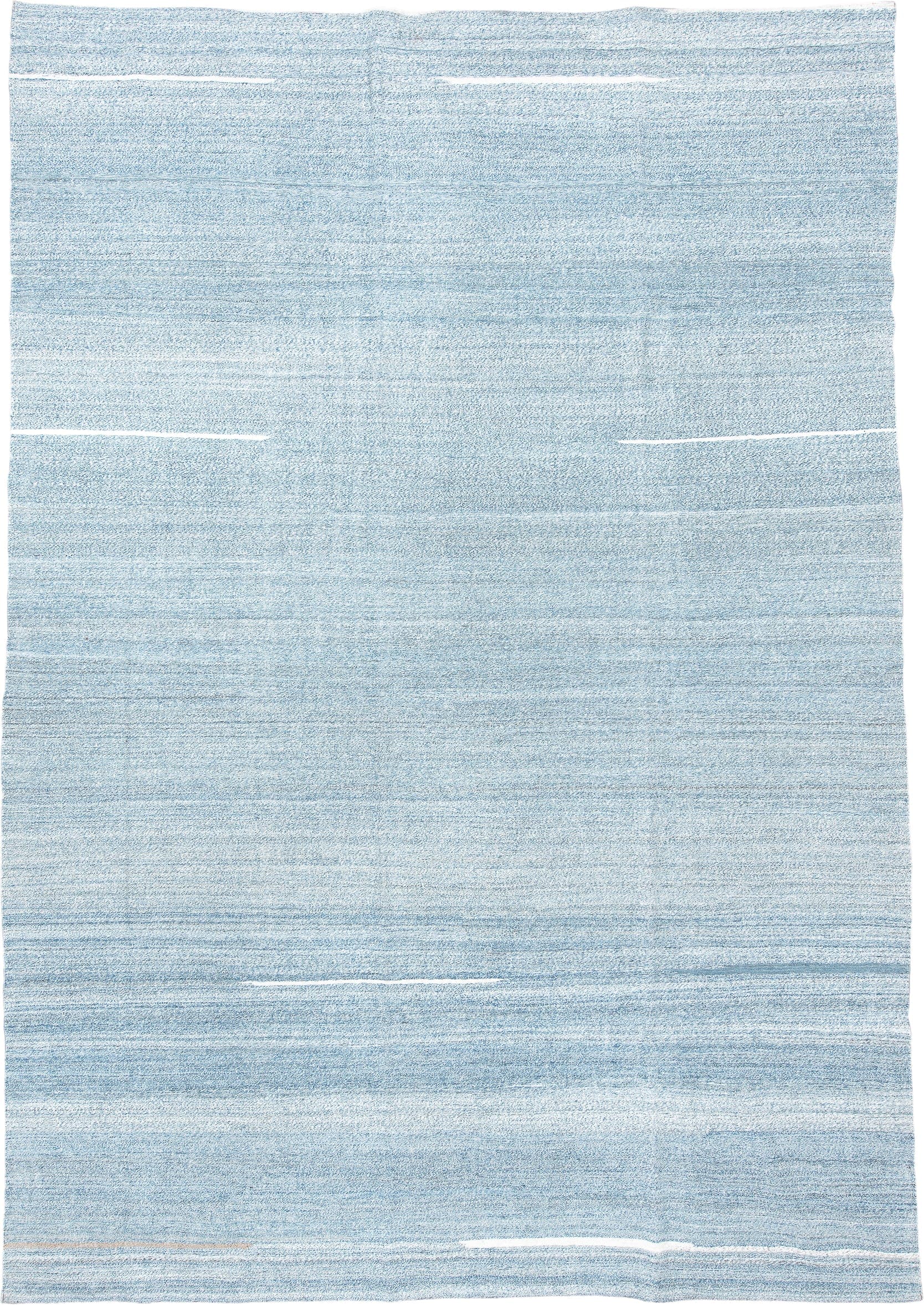 9' x 12' one-of-a-kind handmade vintage Kilim large size rug. Color palette: sky blue, ivory, pale blue, cream, taupe
