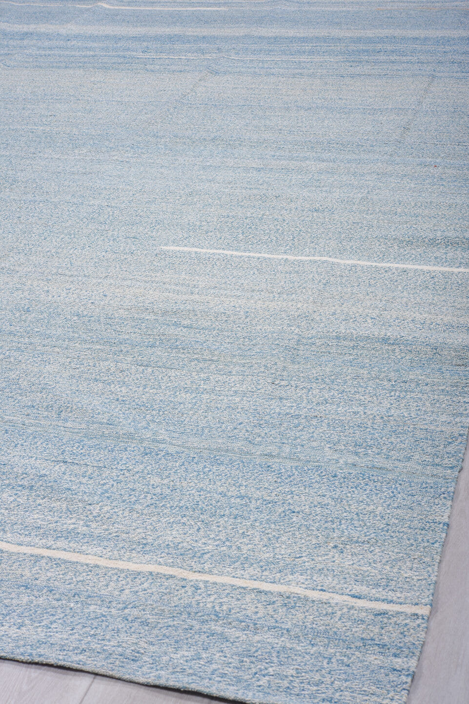 9' x 12' one-of-a-kind handmade vintage Kilim large size rug. Color palette: sky blue, ivory, pale blue, cream, taupe