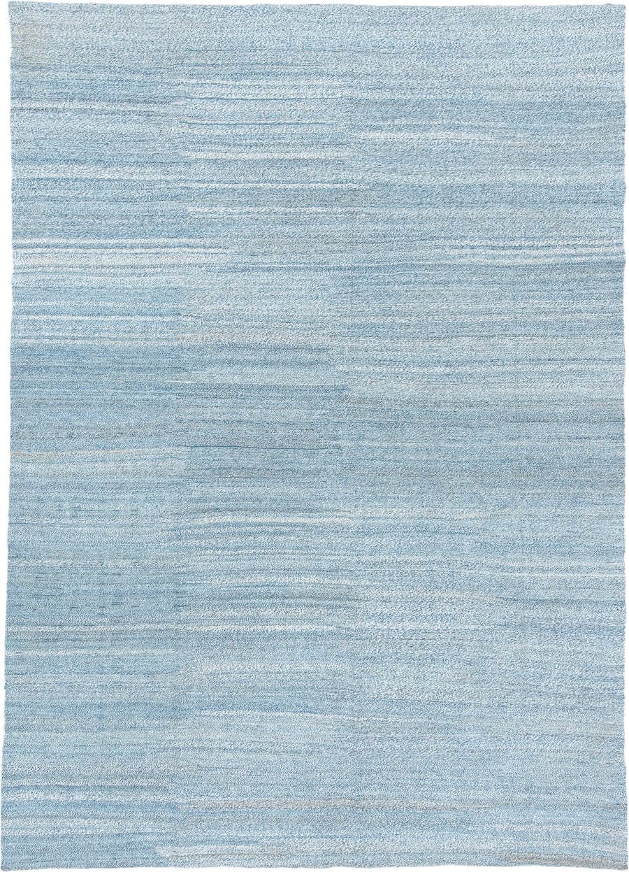 9' x 14' one-of-a-kind handmade vintage Kilim large size rug. Color palette: sky blue, ivory, pale blue, light blue