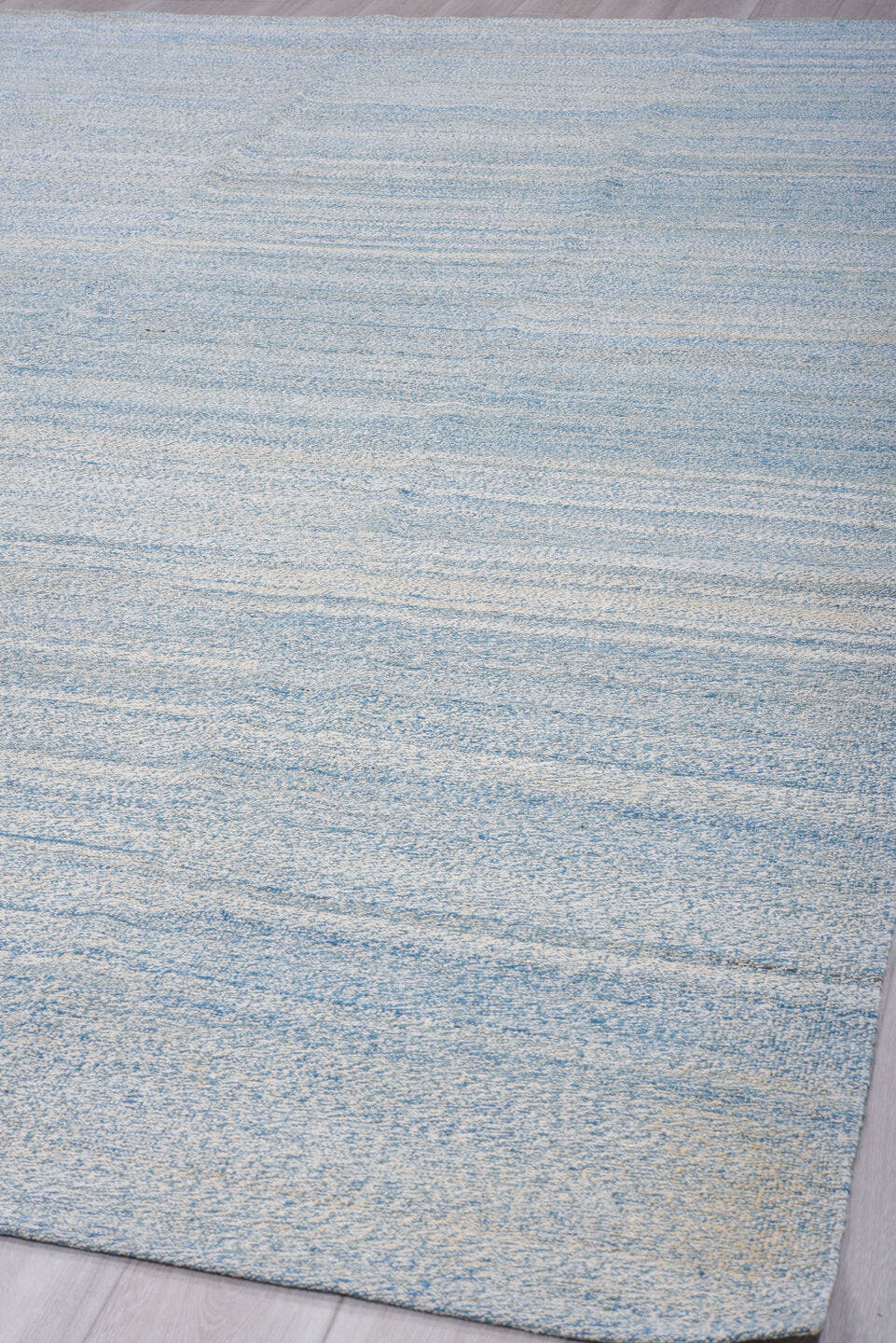 9' x 14' one-of-a-kind handmade vintage Kilim large size rug. Color palette: sky blue, ivory, pale blue, light blue