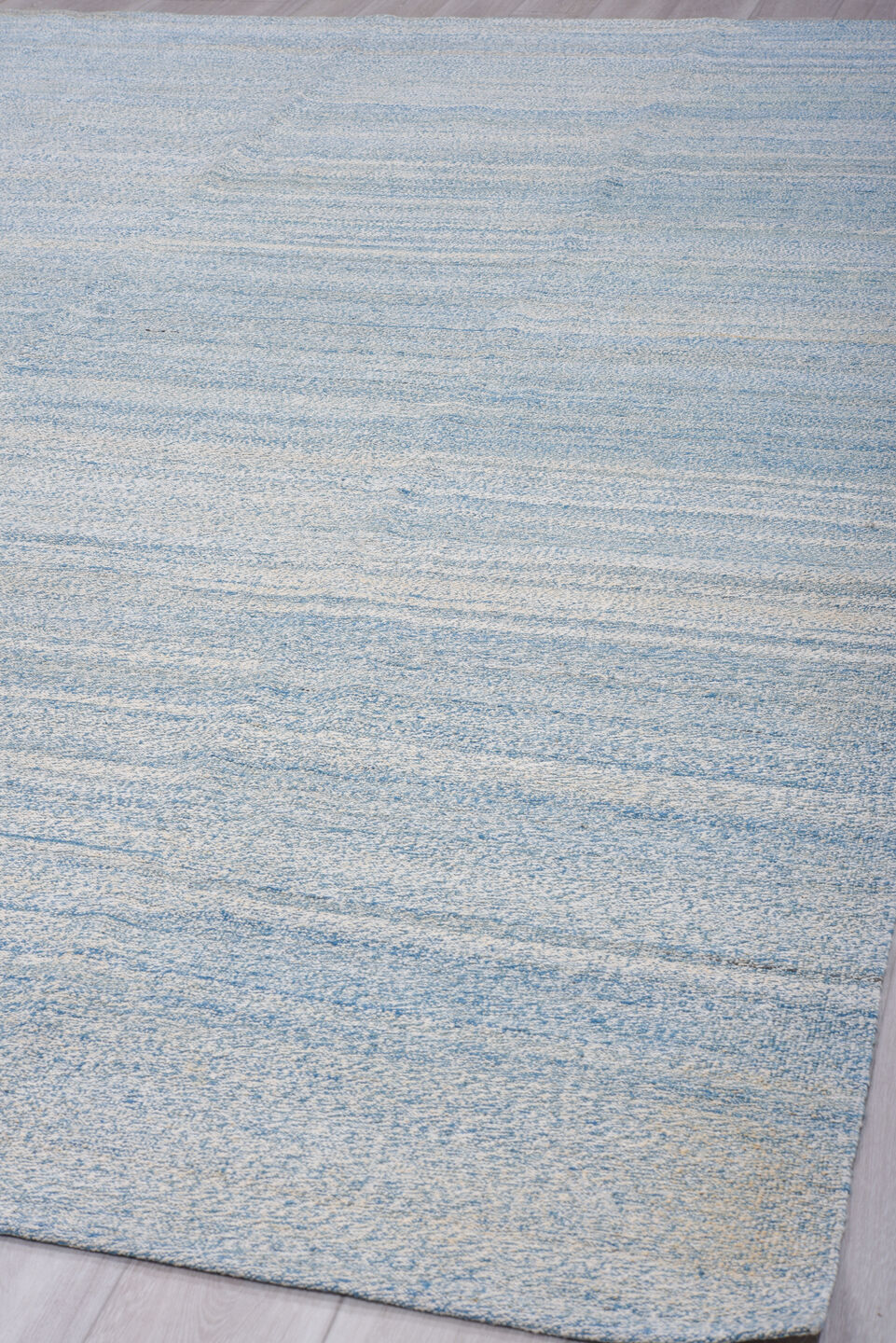 9' x 14' one-of-a-kind handmade vintage Kilim large size rug. Color palette: sky blue, ivory, pale blue, light blue