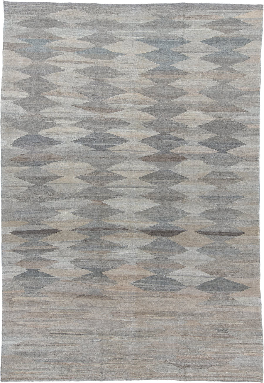 8' x 12' one-of-a-kind handmade vintage Kilim large size rug. Color palette: gray, ivory, taupe, slate, beige, brown