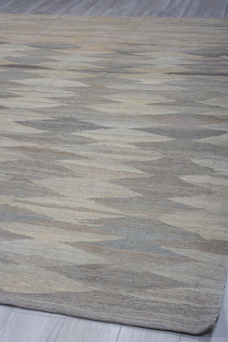 8' x 12' one-of-a-kind handmade vintage Kilim large size rug. Color palette: gray, ivory, taupe, slate, beige, brown