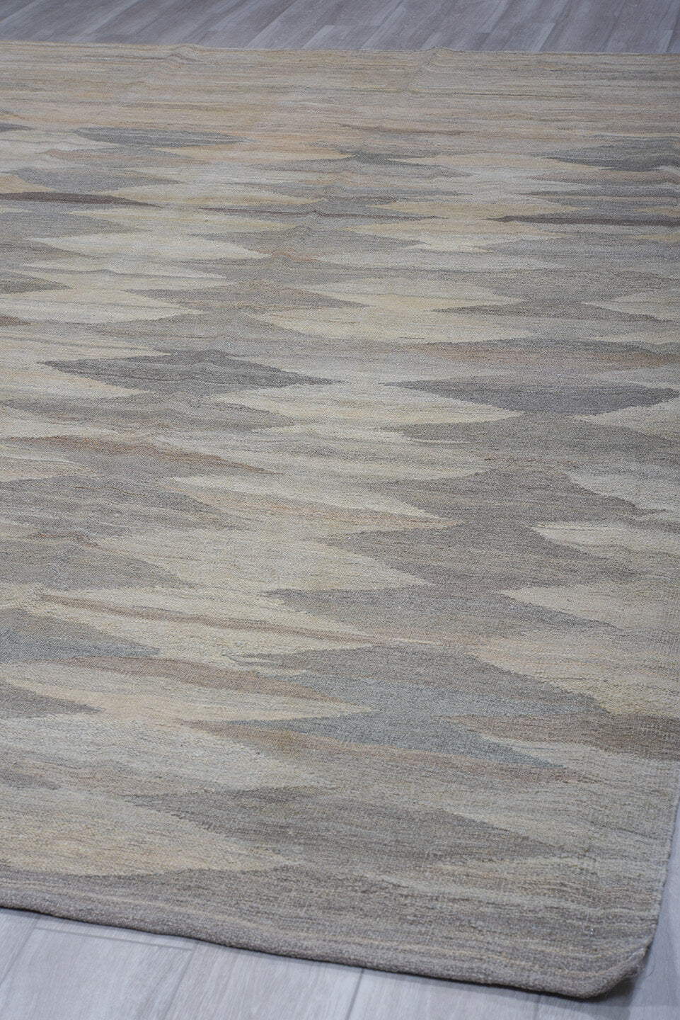 8' x 12' one-of-a-kind handmade vintage Kilim large size rug. Color palette: gray, ivory, taupe, slate, beige, brown