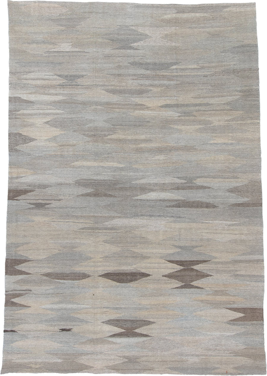 8' x 12' one-of-a-kind handmade vintage Kilim large size rug. Color palette: gray, ivory, taupe, beige, greige, brown