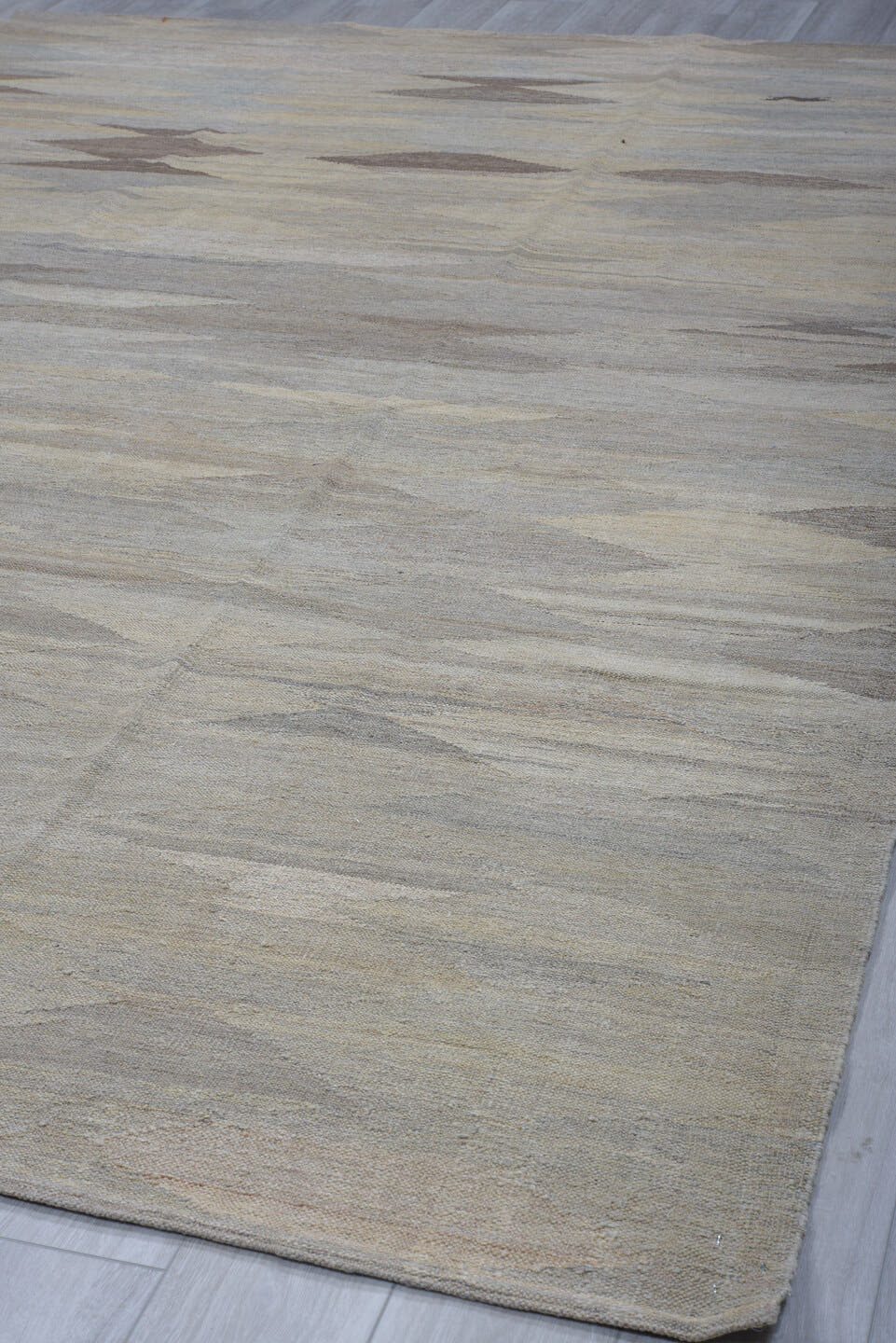 8' x 12' one-of-a-kind handmade vintage Kilim large size rug. Color palette: gray, ivory, taupe, beige, greige, brown