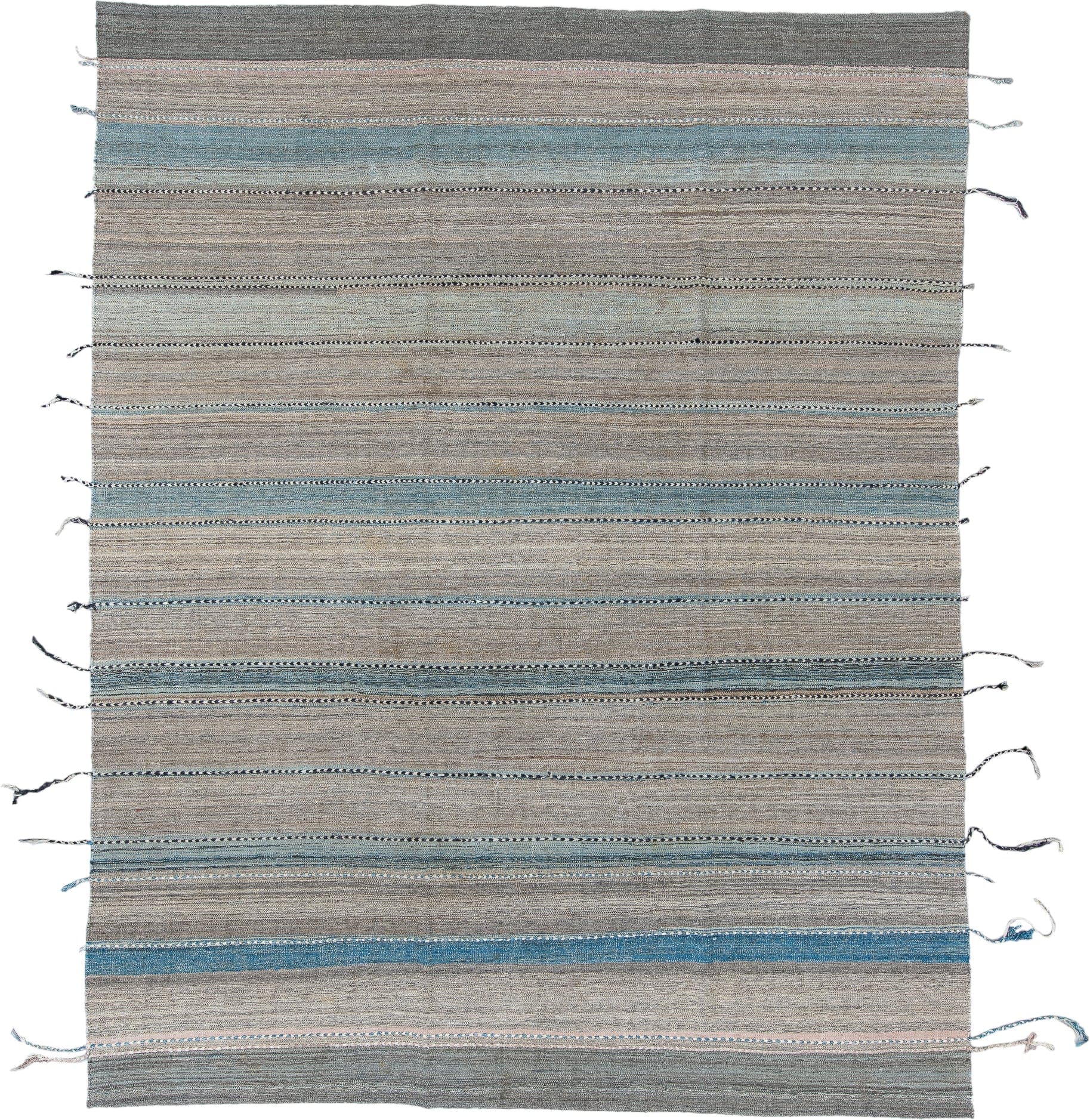 9' x 11' one-of-a-kind handmade vintage Kilim large size rug. Color palette: taupe, gray, sky blue, charcoal, ivory, beige