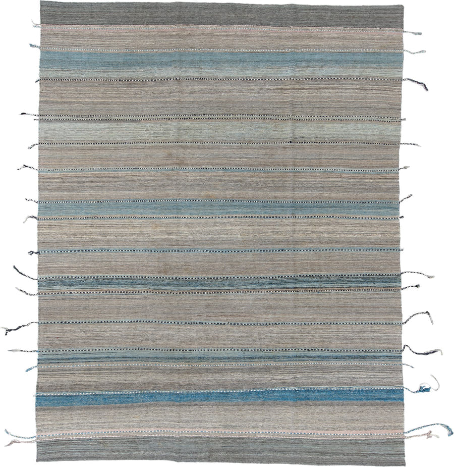 9' x 11' one-of-a-kind handmade vintage Kilim large size rug. Color palette: taupe, gray, sky blue, charcoal, ivory, beige